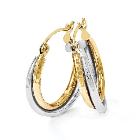 14k Two Tone Gold Crossover D/C Double Round Hoop Earrings, 3 x 17mm - Picture 3 of 6